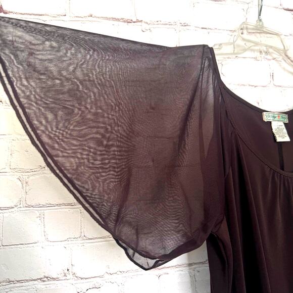 Vintage Suzie Wms L Brown Jersey Knit Tunic Top Sheer Flared Sleeves - Picture 5 of 8